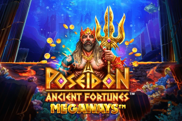 Logo do jogo Ancient Fortunes Poseidon MEGAWAYS™ com Poseidon em destaque no fundo do oceano, rodeado de tesouros.