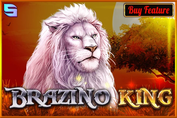 Logotipo do jogo de slot Brazino King com uma majestosa cabeça de leão branco contra um fundo de floresta outonal, com a etiqueta 'Buy Feature'.