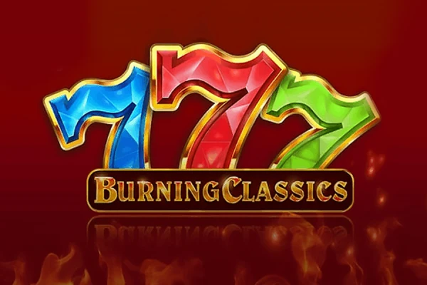 Logotipo do jogo de slot Burning Classics, apresentando um fundo azul e vermelho ardente com três setes e o título do jogo em letras douradas de fogo.