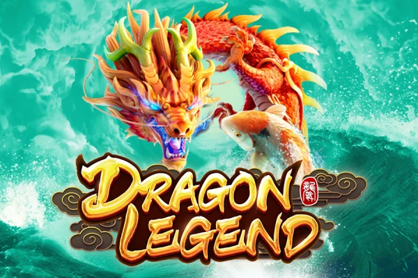 Logotipo do jogo de slot Dragon Legend apresentando um dragão azul e dourado em meio às ondas do oceano, título do jogo em escrita vermelha proeminente.