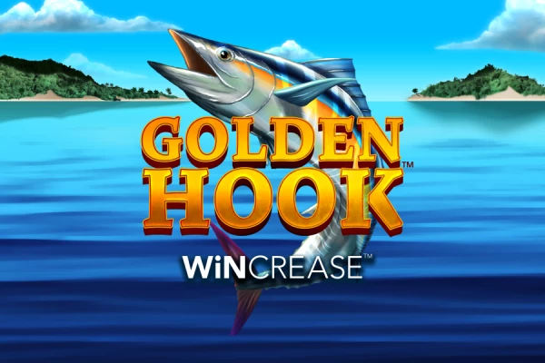 Logo do jogo Golden Hook com um peixe dourado saltando da água em frente a uma ilha tropical, título em destaque.