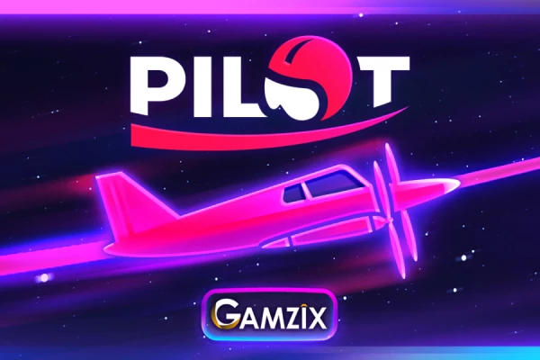 Logo do jogo Pilot com um avião roxo em um fundo espacial neon e o nome do jogo em destaque.